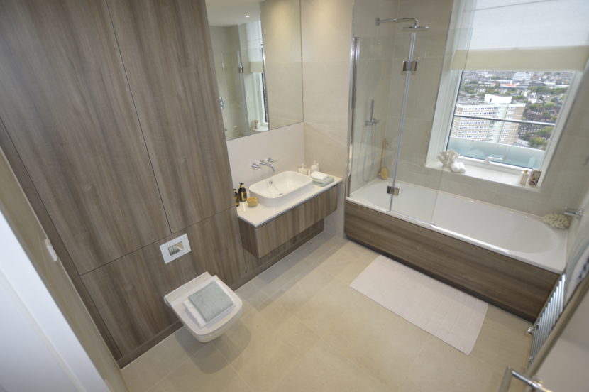 A bathroom installed by the Mechanical team at Logistical Building Services (Electrical) for Lombard Wharf, Battersea, London.