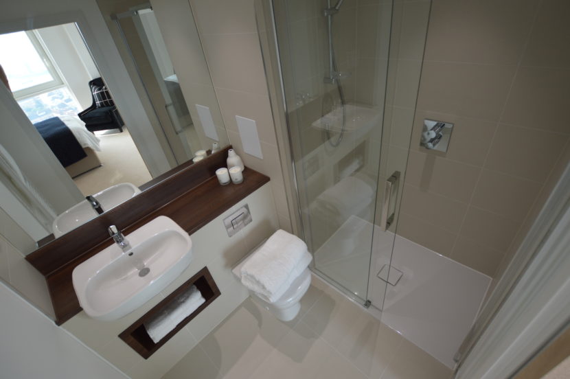 A shower room at Greenland Place, Cannon Wharf, London; installed by the Mechanical Team at Logistical Building Services (Electrical).